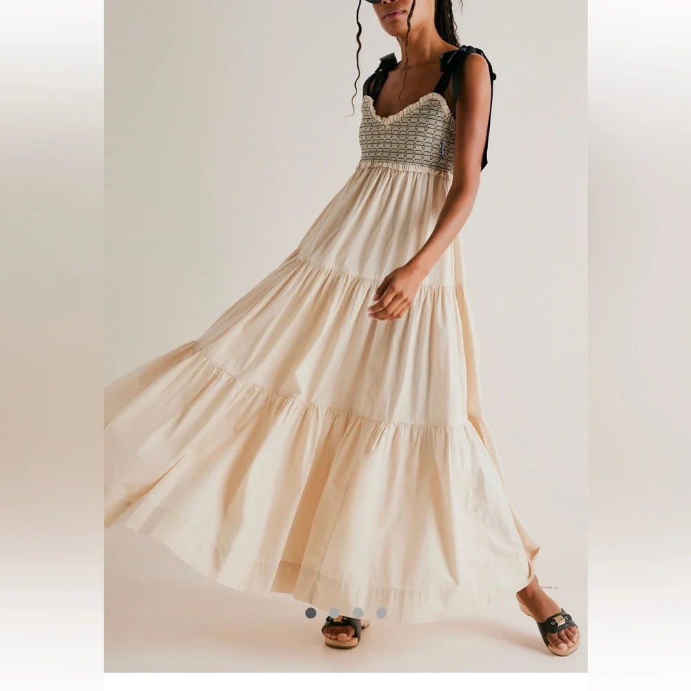 Free People Cream Tiered Maxi Dress with Black Strap Detail - Picture 1 of 4